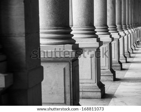 Row of columns in black and white (Karlovy Vary, Czech Republic)