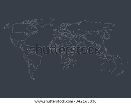 World map with smoothed country borders. Thin white outline on dark grey background.