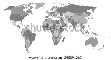 Vector world map with labels of sovereign countries and larger dependent territories. Every state is a group of objects in grey color without borders. South Sudan included.