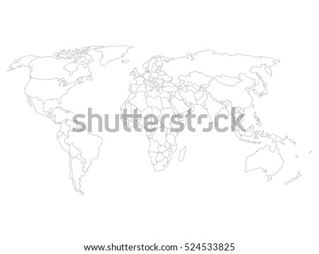 Blank map of World with thin black smooth country borders on white background. Simplified flat vector illustation.