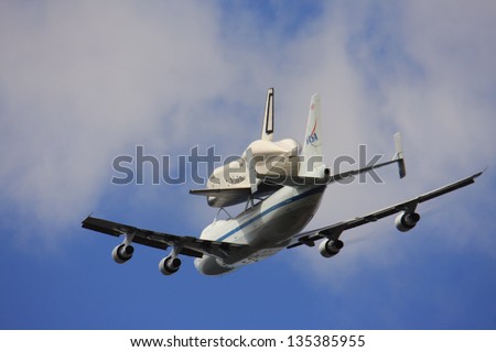 NEW YORK - APR 27: The Space Shuttle Enterprise atop a NASA Boeing 747 en route from Washington DC to New York City\'s JFK Airport on April 27, 2012.