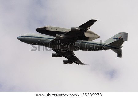 NEW YORK - APR 27: The Space Shuttle Enterprise atop a NASA Boeing 747 en route from Washington DC to New York City\'s JFK Airport on April 27, 2012.