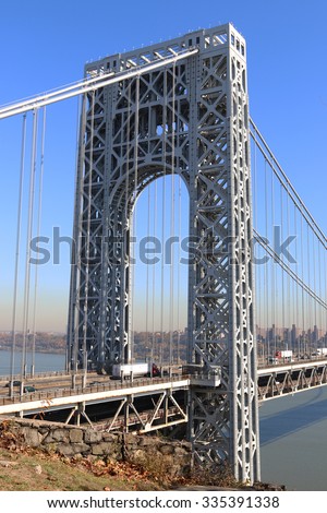 The George Washington Bridge\'s New Jersey Side Steel Tower Over Hudson River.