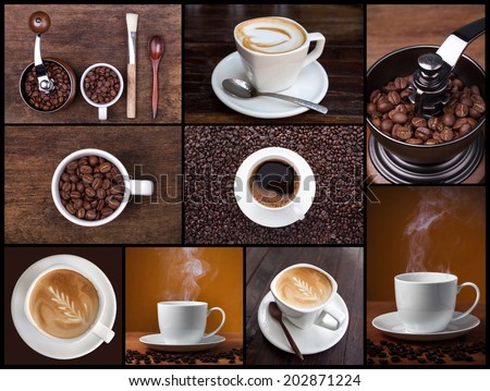 Coffee, cappuccino, latte, and roasted beans. Coffee concept.