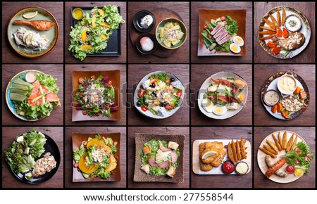 Including healthy foods salad set. fruit salad,ham bacon,salmon,Caesar salad,tuna salad,fish and chips,chicken leg,smoked sausage