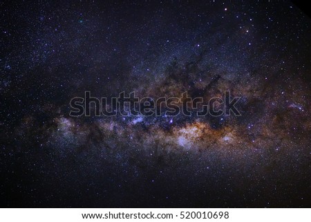 Close-up of Milky way galaxy with stars and space dust in the universe,Comet 252P/LINEAR is left of and below Saturn, Long exposure photograph, with grain.