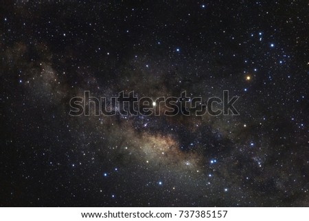 Close up of milky way galaxy with stars and space dust in the universe, Long exposure photograph, with grain.