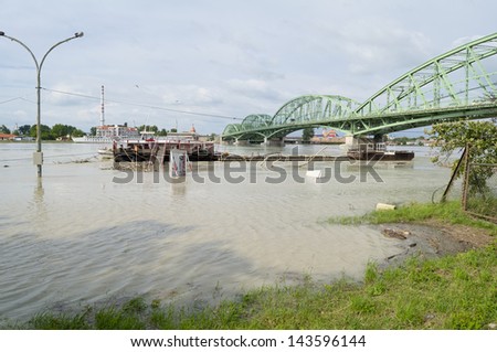 KOMAROM, HUNGARY - JUNE 5: High water level of Danube river before the culmination in Komarom on June 5, 2013. Hungarian water experts predict near-record water level of Danube for Friday in Komarom.