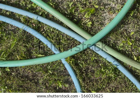 Blue and Green Garden Hoses Crossing Close-up