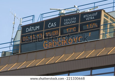 GABCIKOVO, SLOVAKIA - NOVEMBER 01, 2013: Information display on the top of control tower of the Gabcikovo Dams on Danube river