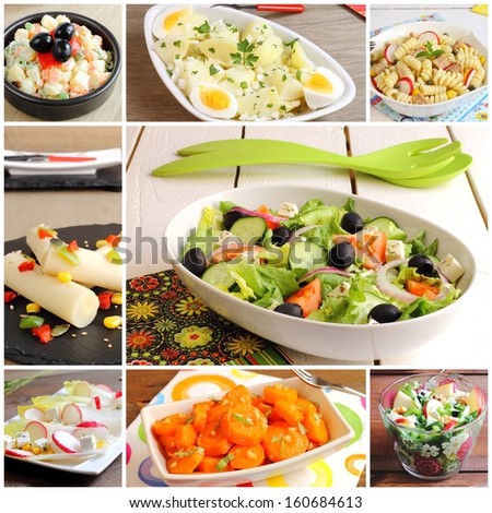 Collage of salads (Russian, potato, pasta, hearts of palm, Greek, chicory or endives, carrot and Waldorf)