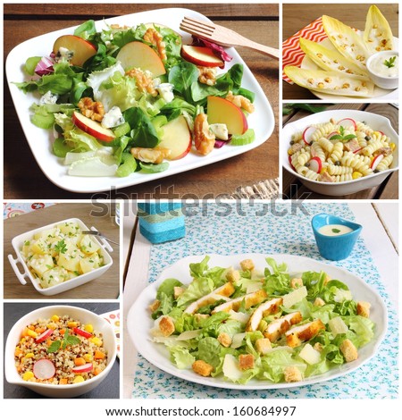 Collage of salads (Waldorf, Caesar, chicory or endives, pasta, potato and quinoa)