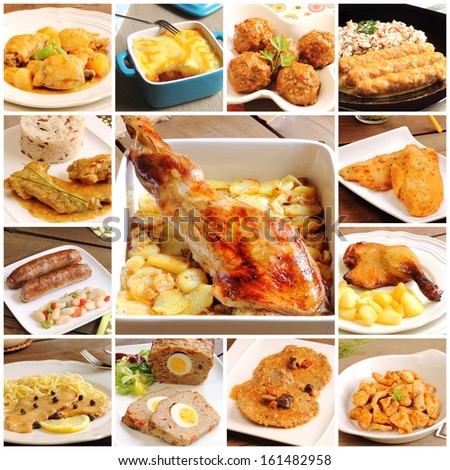 Collage of recipes with meat (lamb, pork, chicken, rabbit, duck, beef...)