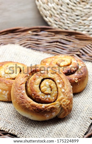 Cinnamon rolls (also Coffee scroll, cinnamon bun, cinnamon swirl, cinnamon snail and kanelbullar in Sweden)