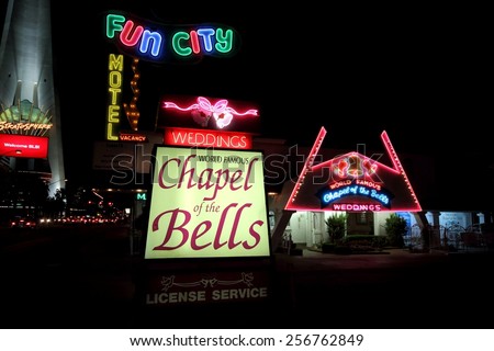 LAS VEGAS - AUGUST 15, 2014: World famous Wedding Chapel of the Bells entrance by night, on August 15, 2014 in Las Vegas. It is located on the Strip, next to Stratosphere Casino, Hotel and Tower.