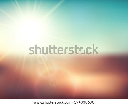 Blurry evening scene with brown field, sun burst, blue and green blur sky,  illustration
