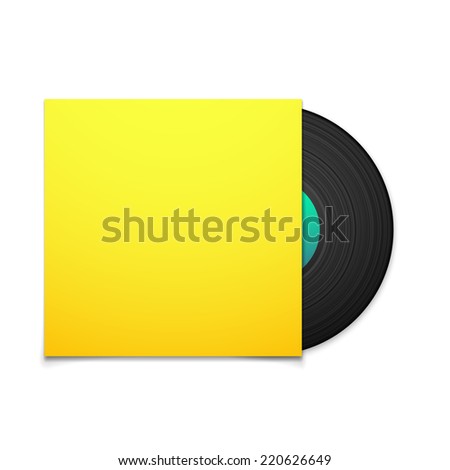 Black vintage vinyl record with blank yellow cover case isolated on white background, retro music illustration