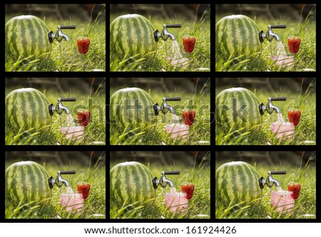 A sequence of images showing a glass being filled by a melon fitted with a tap