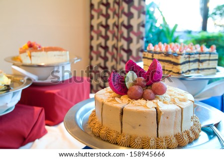 mocha almond cake at buffet restaurant display