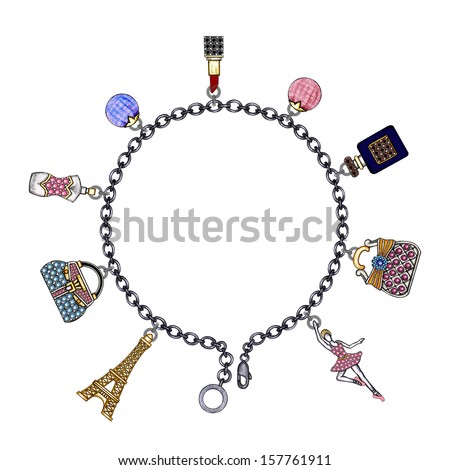 Fashion charm bracelet jewelry. Hand drawing and painting on paper.