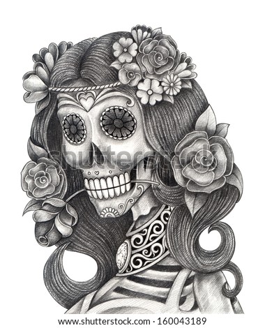 Art skull day of the dead Hand drawing on paper Art skull day of the dead Hand drawing on paper