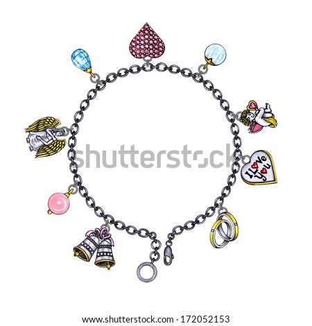 Love wedding charm bracelet jewelry. Hand drawing and painting on paper.