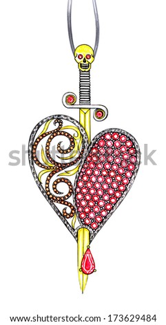 Jewelry.Heart Vintage Mix Sword. Hand Drawing And Painting On Paper.