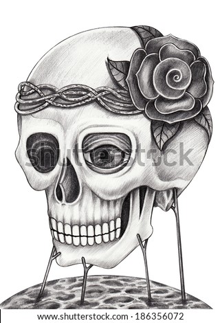Art skull surreal. Hand drawing on paper.