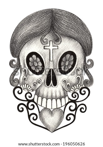 Art skull day of the dead. Hand drawing on paper.