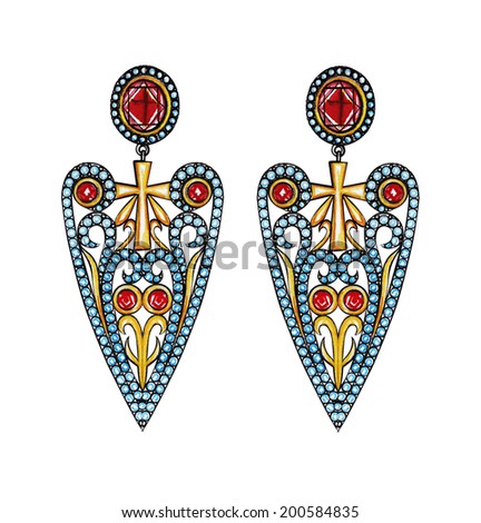 Jewelry cross mix vintage earring. Hand drawing and painting