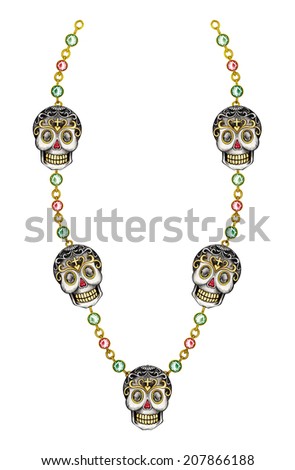 Skull necklace jewelry day of the dead. Hand drawing and painting on paper.