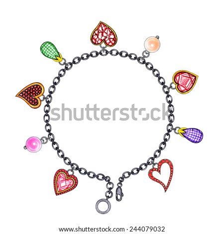 Jewelry Design Heart charm bracelet. Hand drawing and painting on paper.