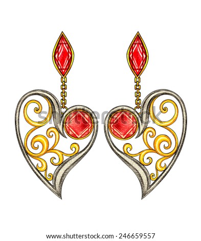 Jewelry Design Heart Vintage Earring. Hand drawing and painting on paper.