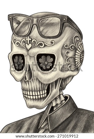 Skull art day of the dead. Hand pencil drawing on paper.