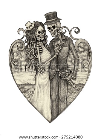 skull art wedding day of the dead. Hand pencil drawing on paper.