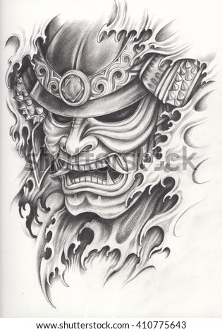 Samurai warrior tattoo design.Hand pencil drawing on paper.