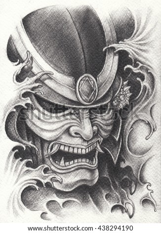 Samurai warrior tattoo design.Hand pencil drawing on paper. - Stock Image - Everypixel