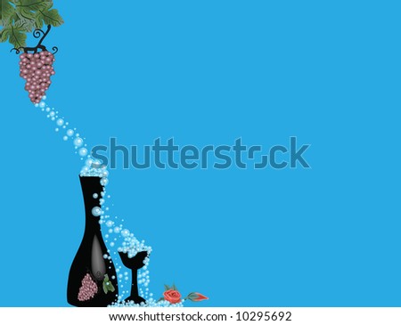 Blue background with grape cluster dripping juice into the wine bottle and overflowing into the wine glass and onto the roses