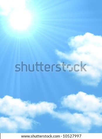 Blue sky with scattered clouds with a sun poking through casting sun rays over clouds