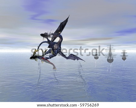 Beautiful image of a dragon rising from the ocean with a koi fish in its claws.