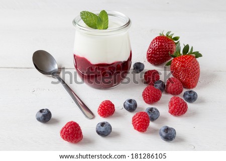 Red fruit compote with mint leaves and fruit.