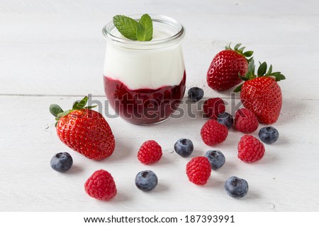 Red fruit compote with mint leaves and fruit.