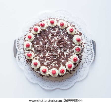 Black Forest cake on a white background.