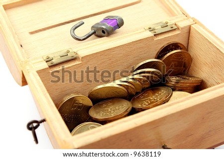 Light-brown wooden chest with coins and an open padlock