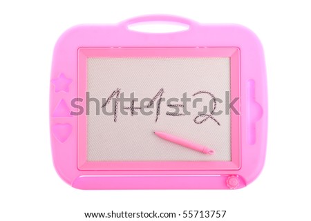 1+1=2 written on a pink child\'s toy magnetic learning board isolated on pure white background