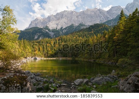 Frillensee is a small lake near lake Eibsee, a mountain lake beneath the Zuspitze, Germanies highest mountain.