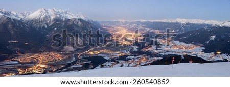 Innsbruck, Axams and Kematen at night, photographed from mount Rangger Koepfl, Innsbruck, Tyrol, Austria