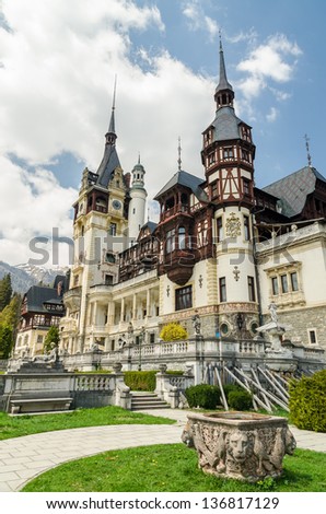 Peles Castle In Sinaia, Romania. It is a Neo-Renaissance castle in the Carpathian Mountains on an existing medieval route linking Transylvania and Wallachia, built between 1873 and 1914.