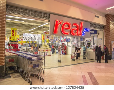 BUCHAREST ROMANIA MAY 25 Real Hypermarket on May 25 2012 in Bucharest Romania Real is a European hypermarket member of the German trade and retail giant Metro AG It was formed in 1992 BUCHAREST ROMANIA MAY 25 Real Hypermarket on May 25 2012 in Bucharest Romania Real is a European hypermarket member of the German trade and retail giant Metro AG It was formed in 1992