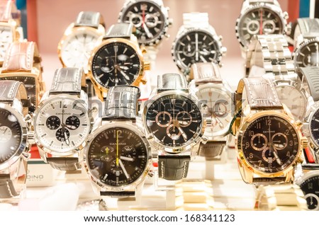 BUCHAREST, ROMANIA - NOVEMBER 16, 2012: Candino Watches In Shop Window Display. Candino Watches are currently owned by 1902 founded Festina, their watches are assembled by Citizen Watch Company.